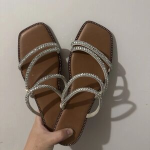 Brown Sandals with Silver Straps and Rhinestone Embellishments